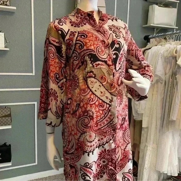 ZARA Tunic Red Paisley High Mock Neck Banded Collar Split Sides Size S - Picture 12 of 12